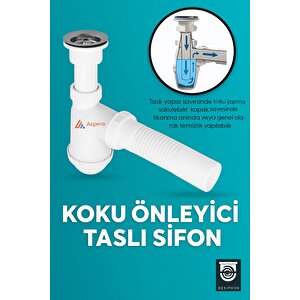 Koku Önleyici Taslı Lavabo Sifonu - Temizlenebilir Hazne, Körüklü Boru, Paslanmaz Giriş