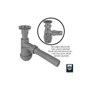 Koku Önleyici Gri Taslı Lavabo Sifonu - Temizlenebilir Hazne, Körüklü Boru, Paslanmaz Giriş