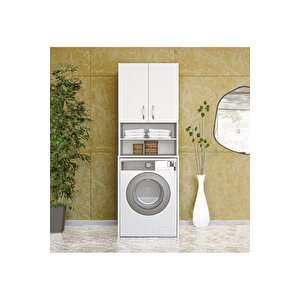 Papatya Çamaşır Makinesi Dolabı, Banyo Dolabı, 4 Raflı, Kapaklı, Beyaz Dolap