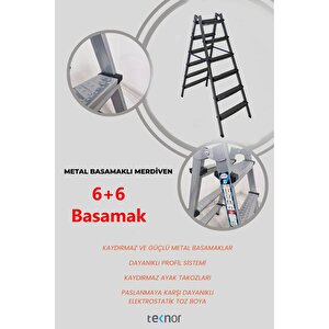 Çift Taraflı Dayanıklı 6+6 Metal Basamaklı Merdiven