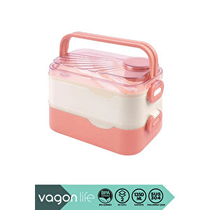 Bento 1350ml Lunchbox Yeni Koleksiyon 2 Katlı 3 Bölmeli Ve Sosluklu Çelik Sefer Tası Yemek Kutusu Pembe