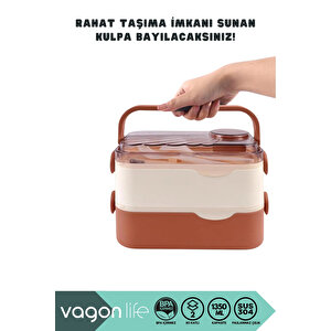 Bento 1350ml Lunchbox Yeni Koleksiyon 2 Katlı 3 Bölmeli Ve Sosluklu Çelik Sefer Tası Yemek Kutusu Pembe