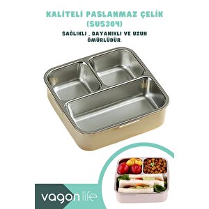 Bento 1120ml Lunchbox Dinozor Desenli Tek Katlı 3 Bölmeli Paslanmaz Çelik Sefer Tası Yemek Kutusu