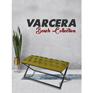 Varcera Siyah Çapraz Metal Ayaklı Bench Puf Hardal