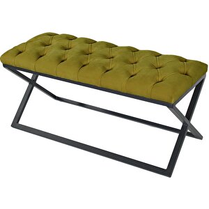 Varcera Siyah Çapraz Metal Ayaklı Bench Puf Hardal