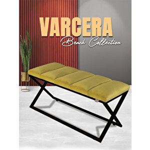 Varcera V2 Siyah Çapraz Metal Ayaklı Bench Puf Hardal