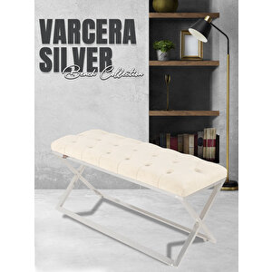 Varcera Silver Çapraz Metal Ayaklı Bench Puf Beyaz