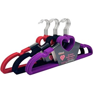 Efe Mark Premium Serisi 20'li Ekonomik Paket Kadife Kaydırmaz Elbise Kıyafet Askısı, 10 Siyah + 5 Mor + 5 Kırmızı