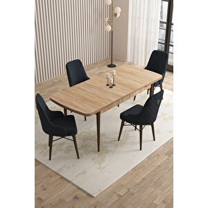 Mazaka Meşe Desen 80x132 Açılabilir Mdf Masa Yemek Odası Takımı, Mutfak Takımı 4 Adet Sandalye Antrasit
