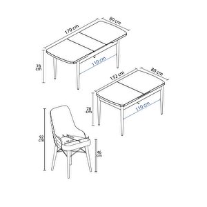 Mazaka Meşe Desen 80x132 Açılabilir Mdf Masa Yemek Odası Takımı, Mutfak Takımı 4 Adet Sandalye Antrasit