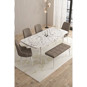 Mazaka Beyaz Mermer 80x132 Açılabilir Mdf Masa Yemek Odası Takımı, Mutfak Takımı 4 Sandalye 1 Bench Cappuccino