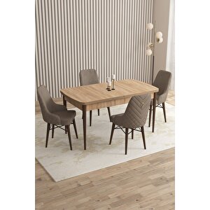 Mazaka Meşe Desen 80x132 Açılabilir Mdf Masa Yemek Odası Takımı, Mutfak Takımı 4 Adet Sandalye Cappuccino
