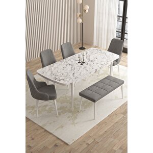 Mazaka Beyaz Mermer 80x132 Açılabilir Mdf Masa Yemek Odası Takımı, Mutfak Takımı 4 Sandalye 1 Bench Gri