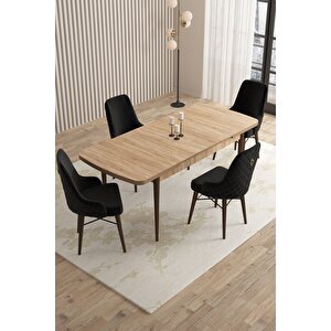 Mazaka Meşe Desen 80x132 Açılabilir Mdf Masa Yemek Odası Takımı, Mutfak Takımı 4 Adet Sandalye Siyah