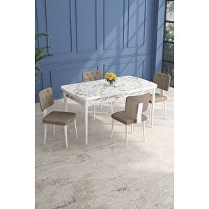 Lars Beyaz Mermer 80x132 Açılabilir Mdf Masa Yemek Odası Takımı,mutfak Takımı 4 Adet Sandalye Cappuccino