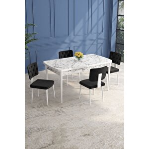 Lars Beyaz Mermer 80x132 Açılabilir Mdf Masa Yemek Odası Takımı,mutfak Takımı 4 Adet Sandalye Siyah