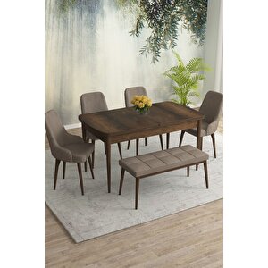 Meri Serisi Barok 80x132 Açılabilir Mdf Masa Yemek Odası Takımı, Mutfak Takımı 4 Sandalye 1 Bench Cappuccino