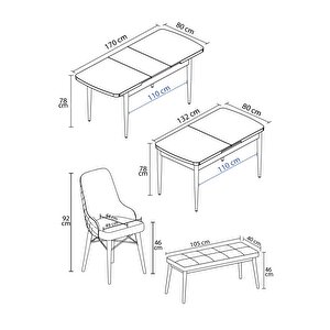 Mazaka Barok Desen 80x132 Açılabilir Mdf Masa Yemek Odası Takımı, Mutfak Takımı 4 Sandalye 1 Bench Antrasit