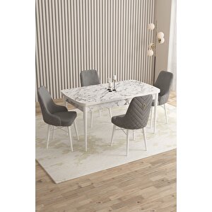 ​​​​​​mazaka Beyaz Mermer 80x132açılabilir Mdf Masa Yemek Odası Takımı,mutfak Takımı 4 Adet Sandalye Gri