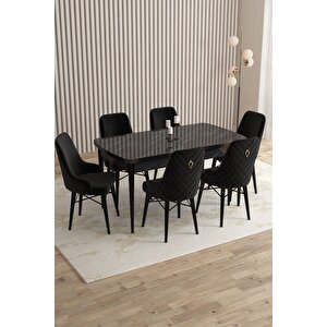 Mazaka Siyah Mermer 80x132 Açılabilir Mdf Masa Yemek Odası Takımı, Mutfak Takımı 6 Adet Sandalye Siyah