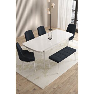 Mazaka Beyaz 80x132 Açılabilir Mdf Masa Yemek Odası Takımı, Mutfak Takımı 4 Sandalye 1 Bench Antrasit