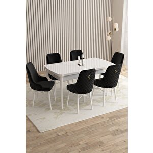 Mazaka Beyaz 80x132 Açılabilir Mdf Masa Yemek Odası Takımı, Mutfak Takımı 6 adet Sandalye Siyah