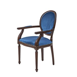 Madalyon Kolçaklı Ahşap Klasik Sandalye Ceviz-Mavi