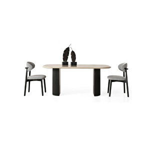 Zeno Oval Ahşap Bohem Yemek Masası 90x200 Siyah - Krem