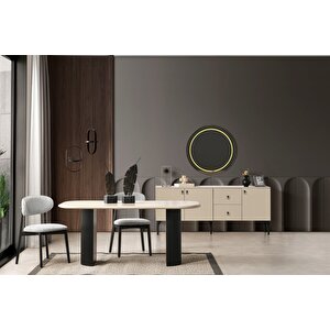 Zeno Oval Ahşap Bohem Yemek Masası 90x200 Siyah - Krem