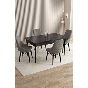 Mazaka Siyah Mermer 80x132 Açılabilir Mdf Masa Yemek Odası Takımı, Mutfak Takımı 4 Adet Sandalye Gri