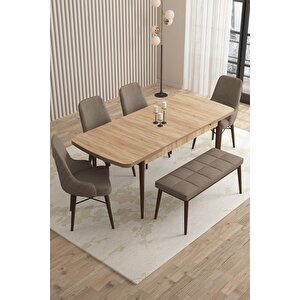 Mazaka Meşe Desen 80x132 Açılabilir Mdf Masa Yemek Odası Takımı, Mutfak Takımı 4 sandalye 1 Bench Cappuccino