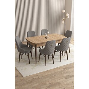 Mazaka Meşe Desen 80x132 Açılabilir Mdf Masa Yemek Odası Takımı, Mutfak Takımı 6 Adet Sandalye  Gri
