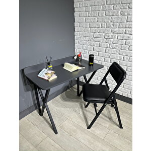 Buse Çalışma Masası Ofis Bilgisayar Masası + Katlanır Sandalyeli 103 Cm Metal Siyah Ayak