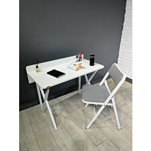 Buse Çalışma Masası Ofis Bilgisayar Masası + Katlanır Sandalyeli 103 Cm Metal Beyaz Ayak