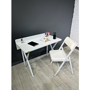 Buse Çalışma Masası Ofis Bilgisayar Masası + Katlanır Sandalyeli 103 Cm Metal Beyaz Ayak