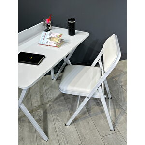 Buse Çalışma Masası Ofis Bilgisayar Masası + Katlanır Sandalyeli 103 Cm Metal Beyaz Ayak