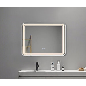 Akıllı Buhar Tutmayan 3 Renk Ledli Beyaz Çerçeveli Banyo Aynası Duvar Lavabo Aynası 80x60 Cm