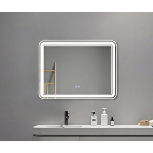 Akıllı Buhar Tutmayan 3 Renk Ledli Beyaz Çerçeveli Banyo Aynası Duvar Lavabo Aynası 80x60 Cm