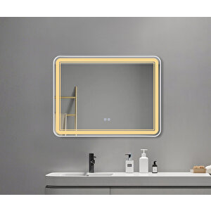 Akıllı Buhar Tutmayan 3 Renk Ledli Beyaz Çerçeveli Banyo Aynası Duvar Lavabo Aynası 80x60 Cm