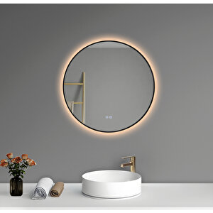 Akıllı Buhar Tutmayan 3 Renk Ledli Siyah Çerçeveli Banyo Aynası Lavabo Aynası 70 Cm