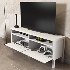 Venezia 2 Çekmece 2 Bölmeli Ahşap Ayaklı Tv 150 Cm Tv Ünitesi - Minifiksli - Wood Beyaz
