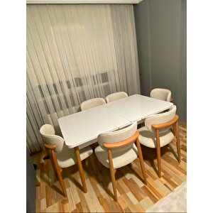 Ligna Beyaz 80x132 Açılabilir Mdf Masa Yemek Odası Takımı, Mutfak Takımı 6 Adet Sandalye