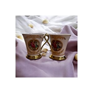 Fransız Stil 2’li Viyana Porselen Kupa – Altın Yaldızlı Rokoko Desenli