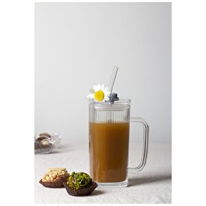 Pipetli Pinterest Bardak - Kare Kapaklı Cam Pipetli Bardak - Pipetli Buzlu Kahve Bardağı 1 Adet