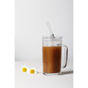 Pipetli Pinterest Bardak - Kare Kapaklı Cam Pipetli Bardak - Pipetli Buzlu Kahve Bardağı 1 Adet