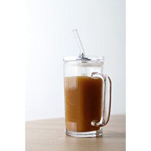 Pipetli Pinterest Bardak - Kare Kapaklı Cam Pipetli Bardak - Pipetli Buzlu Kahve Bardağı 1 Adet