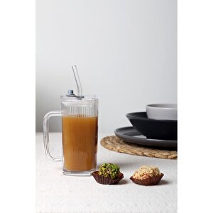 Pipetli Pinterest Bardak - Kare Kapaklı Cam Pipetli Bardak - Pipetli Buzlu Kahve Bardağı 1 Adet