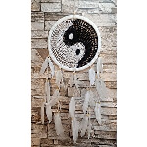 Düş Kapanı Makrome Dreamcatcher Yin Yang Kuş Tüyü Rüya Kapanı Duvar Süsü Elişi