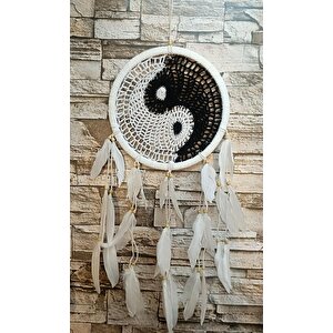 Düş Kapanı Makrome Dreamcatcher Yin Yang Kuş Tüyü Rüya Kapanı Duvar Süsü Elişi