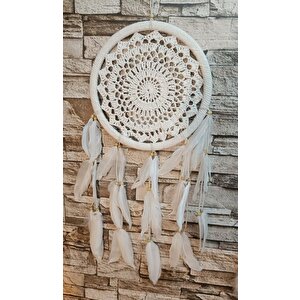 Düş Kapanı Makrome Dreamcatcher Ekru Kuş Tüyü Rüya Kapanı Duvar Süsü Elişi